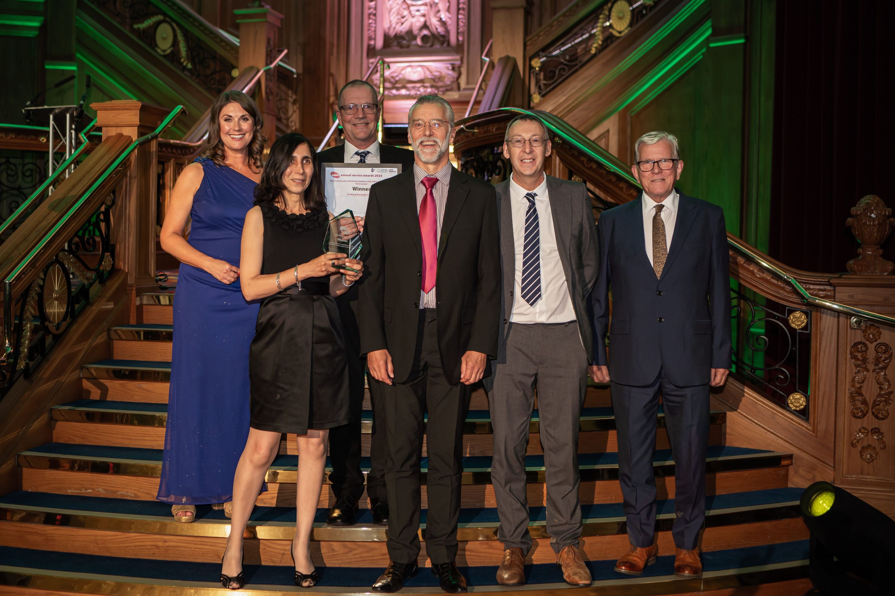 Image attached – From left to right: Presenter Sarah Travers, Sim Duhra Gedling Borough Council Climate Change Officer, Nick Burrows Managing Director at PSTAX (event sponsor), Melvyn Cryer Gedling Borough Council Head of Environment, Mike Hill Gedling Borough Council Chief Executive and Councillor John Clarke MBE Leader of Gedling Borough Council at the APSE Award Ceremony.